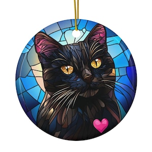Black Cat Ceramic Ornament, Stained Glass Style Cat Lover Gift, Holiday Kitty Tree Trinket