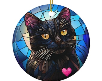 Black Cat Ceramic Ornament, Stained Glass Style Cat Lover Gift, Holiday Kitty Tree Trinket