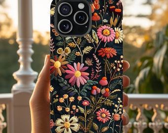 Embroidered Look Magnetic iPhone Case, Boho Floral iPhone Case, Dark Cottagecore iPhone Case, Wildflowers iPhone Case, Cottagecore