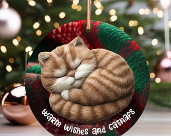 Ceramic Ornament, Needle Felted Sleeping Kitty Christmas Tree Decor, Cat Lover Gift