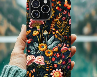 Magnetic Boho Cottagecore iPhone Case: Embroidered Look Wildflower Protective Phone Cover, MagSafe Compatible