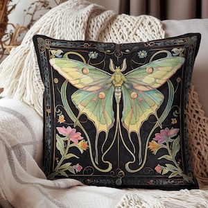 Luna Moth Pillow, Mystical Home Decor, Luna Moth Lover Gift, Art Nouveau, Botanical Accent Pillow, Woodland, Gift for Her, Cottagecore Gift