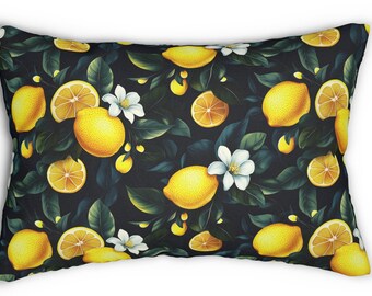 May include: Rectangular pillow with a lemon-themed pattern. The design features bright yellow lemons, lemon slices, white blossoms, and green leaves against a dark background. The pillow is a decorative item.