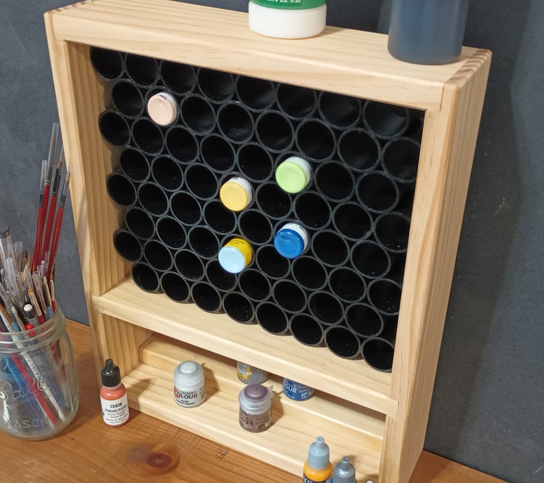 Paint Pot Racks Solid Wood Paint Rack With Shelving Below- Holds 64 Standard Dropper ...