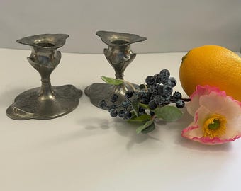 Vintage Queen City Silver Co. Pewter Candlestick Pair, Art Deco, Silver Plated, Taper Candle Holders, Shorty Candlesticks, Rustic Farm Chic