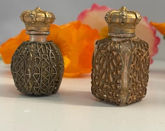 Pair of Small Vintage Perfume Bottles (Empty) Gilt Metal Filigree on Glass, Gold Tone Crown Screw Cap Lids