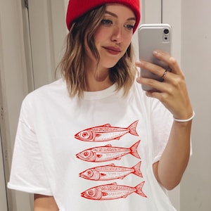Linocut Style Sardine Shirt Fisherman Aesthetic Graphic Tee Coastal Ocean Sea Life Fish T-Shirt Gift, Men & Women Unisex Comfort Colors® Tee