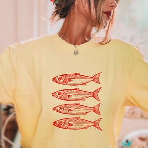 Linocut Style Sardine Shirt Fish Block Print Graphic T-Shirt Gift Fisherman Aesthetic, Coastal Ocean, Men & Women Unisex Comfort Colors® Tee