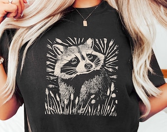 Rustic Linocut Style Raccoon Shirt, Racoon T-Shirt, Cute Forest Animal, Comfort Colors® Unisex Tee, Woodland Animal Tee, Raccoon Lover Gift