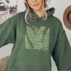 Rough Woodcut Style Fern Hoodie, Hooded Sweatshirt, Distressed Vintage Sword Ferns, Granola Girl, Relief Print Linocut Style, Fern Gift
