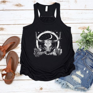 Cow Skull Western Graphic Tank Top, Racerback Tanktop, Boho Mystical Desert Night Moon, Country, Rodeo, Bull Skull Horns, Womens Tank Top