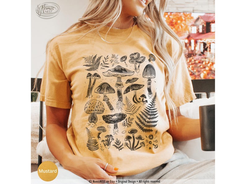 Mushroom Shirt, Mushrooms Tshirt, Goblincore Forestcore Cottagecore Aesthetic, Mushroom Gift, Granola Girl Comfort Colors, Nature Lover Tee Mustard