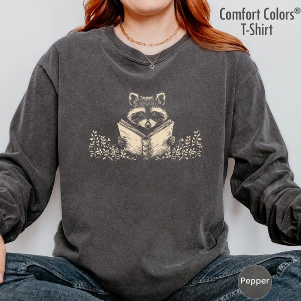 Raccoon Reading Shirt, Book Reader Gift, Cute Racoon Animal Long Sleeve Comfort Colors® Tee, Librarian, Book Lover, Womens Bookish T-Shirt