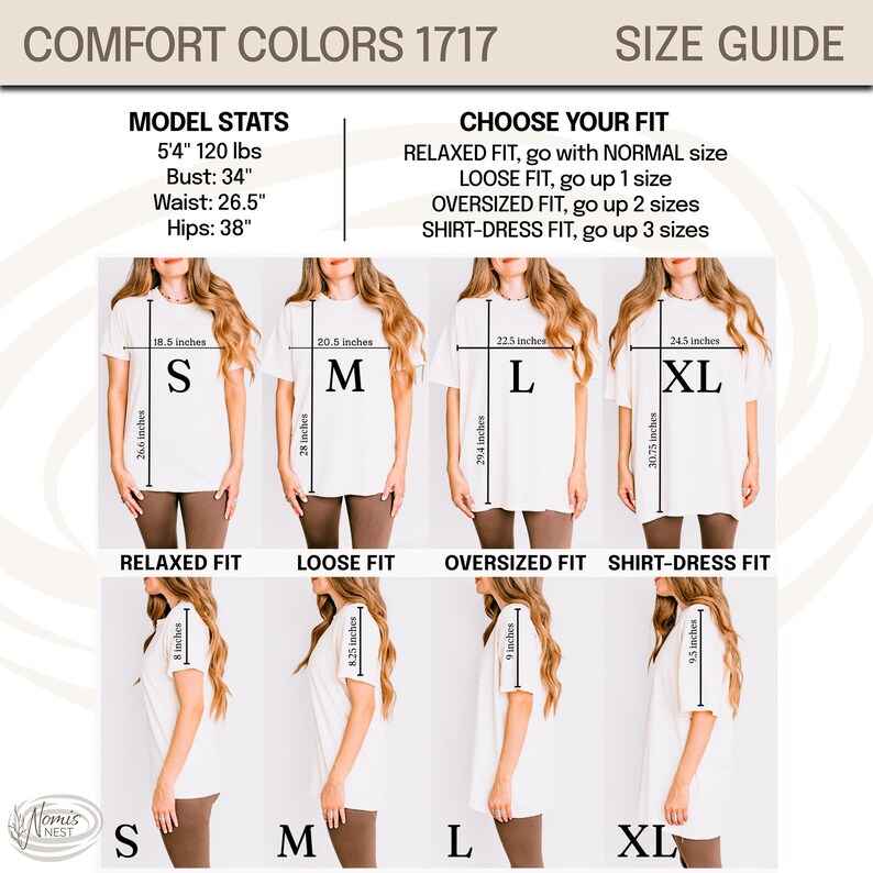 May include: Size chart for a white t-shirt in sizes S, M, L, and XL. The chart shows the measurements of the shirt in inches for each size, as well as the fit of the shirt. The chart also includes the model's stats, which are 5'4" and 120 lbs. The model is wearing a size S shirt in the relaxed fit, a size M shirt in the loose fit, a size L shirt in the oversized fit, and a size XL shirt in the shirt-dress fit.