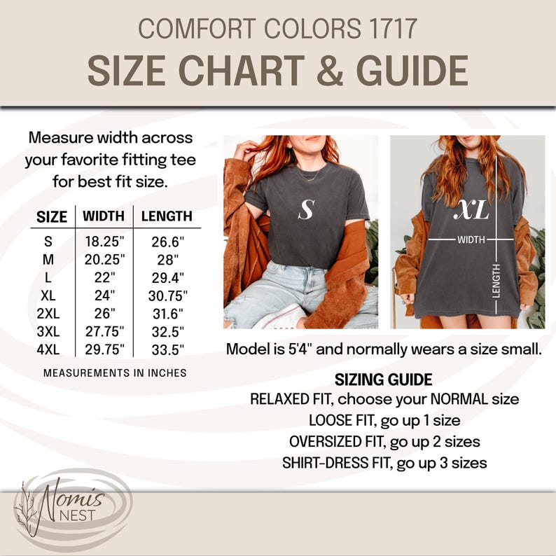 May include: Size chart and guide for t-shirts in sizes S through 4XL. The chart shows width and length measurements in inches. The model is 5'4" and normally wears a size small. Sizing guide includes relaxed fit, loose fit, oversized fit, and shirt-dress fit.