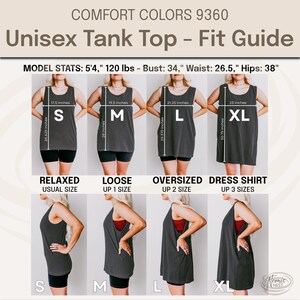 May include: A fit guide for a unisex tank top, with the text "COMFORT COLORS 9360". The guide shows measurements for sizes S, M, L, and XL. The model's stats are 5'4", 120 lbs, 34" bust, 26.5" waist, and 38" hips.
