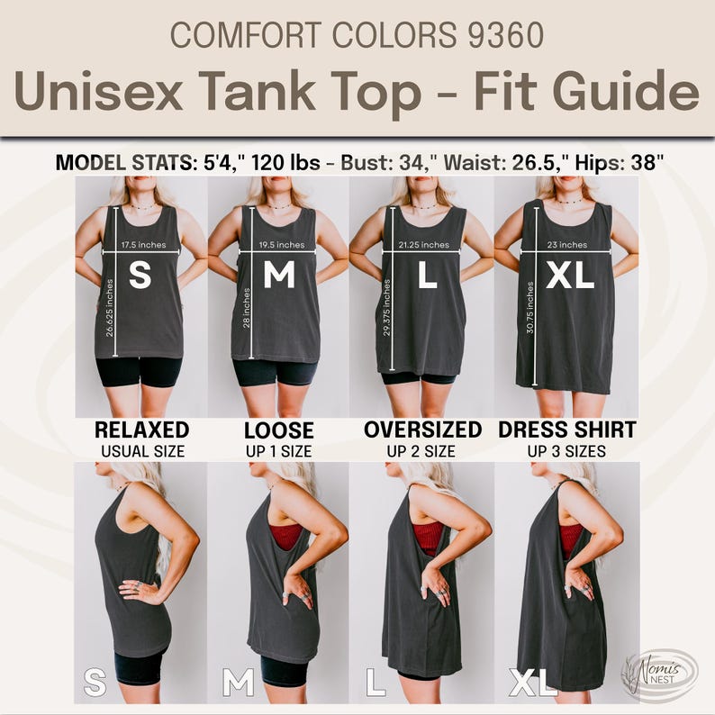 May include: A fit guide for a unisex tank top, with the text "COMFORT COLORS 9360". The guide shows measurements for sizes S, M, L, and XL. The model's stats are 5'4", 120 lbs, 34" bust, 26.5" waist, and 38" hips.