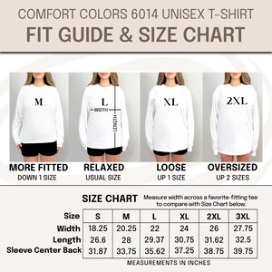 May include: Size chart for a unisex t-shirt with measurements in inches for sizes S, M, L, XL, 2XL, and 3XL. The chart shows width, length, and sleeve center back measurements.
