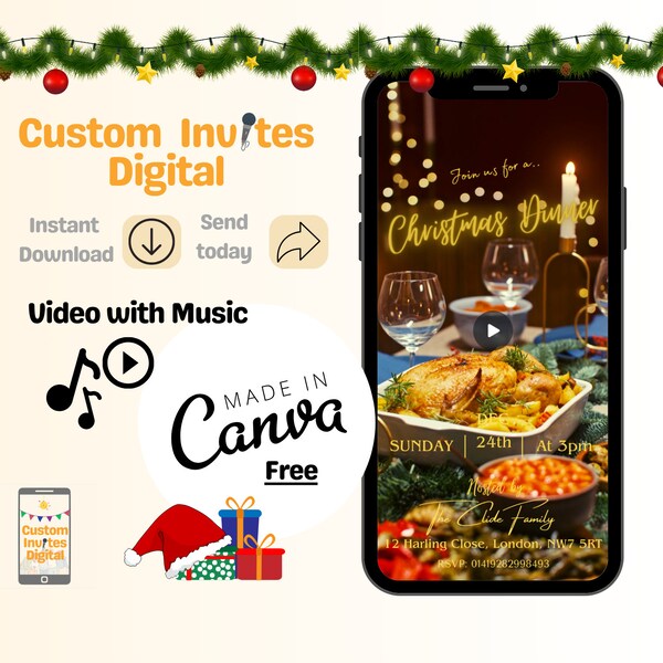 Digital Christmas Dinner Invitation | Christmas Dinner Video Invitation | Music Video Invite | Christmas Dinner Invite | Canva template