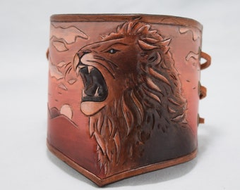 Hand Tooled Leather Lion Cuff Bracelet - Laced Closure - Hand Painted