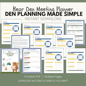May include: A printable PDF planner for Bear Scout Den meetings. The planner includes pages for whittling, bear habitat, bears on bikes, race time, fellowship, and a scout year plan. The cover features a cartoon bear wearing a backpack and holding a flashlight.