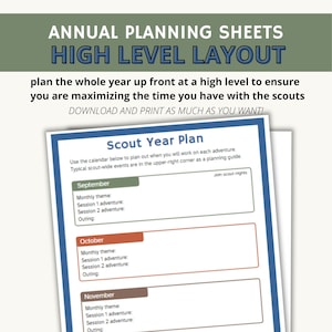 May include: A printable scout year plan template with a blue border. The template is divided into three sections: September, October, and November. Each section has space for a monthly theme, session 1 adventure, session 2 adventure, and outing. The text "Join scout nights" is in the upper right corner.