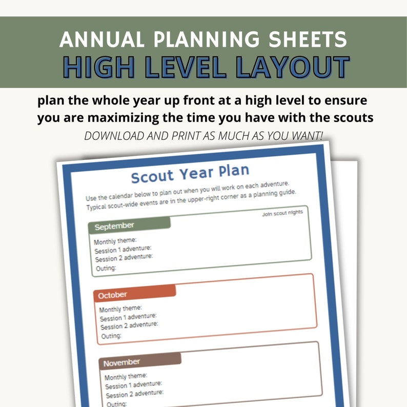 May include: A printable scout year plan template with a blue border. The template is divided into three sections: September, October, and November. Each section has space for a monthly theme, session 1 adventure, session 2 adventure, and outing. The text "Join scout nights" is in the upper right corner.