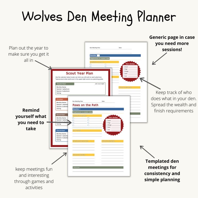 May include: A printable planning guide for a scout den meeting. The guide includes a year plan, a monthly plan, and a generic page for additional sessions. The text "Wolves Den Meeting Planner" is at the top of the page.