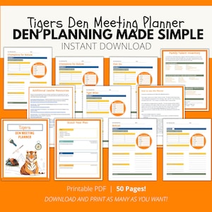May include: A collection of printable PDF pages for a Tigers Den Meeting Planner. The pages include titles such as "Champions for Nature", "Fish On", and "Family Talent Inventory". The planner is designed to make den planning simple and is available for instant download.