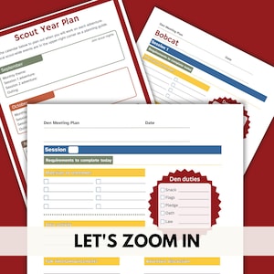 May include: A printable worksheet for a scout den meeting plan. The worksheet includes sections for the session number, requirements to complete, materials to remember, intro activity, talk time/announcements, and adventure discussion. The worksheet also includes a section for den duties, which includes snack, flags, pledge, oath, and law.