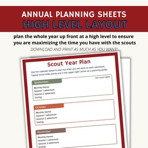 May include: A printable scout year plan calendar with sections for September, October, and November. Each month has space to write in a monthly theme, session 1 adventure, session 2 adventure, and outing. The calendar also includes a space for "Join scout nights".