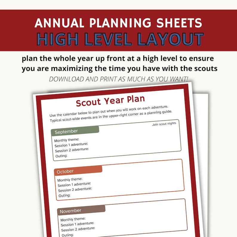 May include: A printable scout year plan calendar with sections for September, October, and November. Each month has space to write in a monthly theme, session 1 adventure, session 2 adventure, and outing. The calendar also includes a space for "Join scout nights".