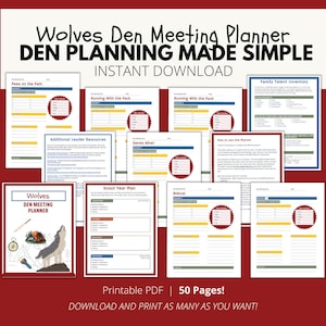 Several screenshots showing that the wolf planner contains all adventures, a yearly plan, and also a family talent survey.