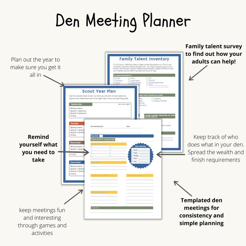 May include: A printable planner for Scout den meetings. The planner includes a year-long calendar, a family talent inventory, and a den meeting plan template. The text on the planner says "Den Meeting Planner".