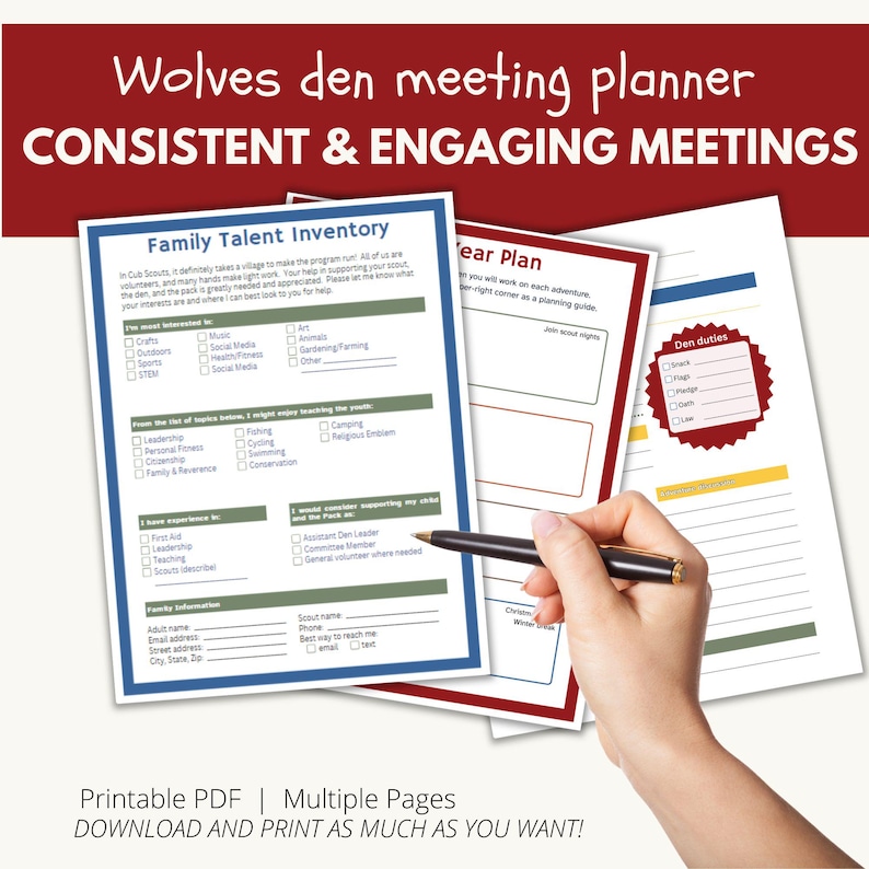 May include: A printable PDF document with the title "Wolves den meeting planner" and the subtitle "Consistent & Engaging Meetings". The document includes a "Family Talent Inventory" form and a "Year Plan" form. The document is designed to help plan meetings for a group of people.