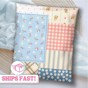 May include: A rectangular poly mailer shipping bag featuring a patchwork design of various patterns including light blue with small white and orange flowers, pink gingham, vertical stripes, and a section with small red polka dots.