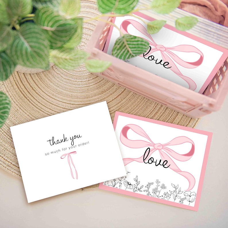 cute packaging business thank you cards custom design print art small business supplies customer thank you coquette pink bows designer packaging supplies