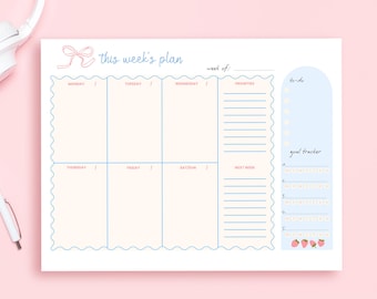 Strawberry Aesthetic Weekly Planner Notepad – 8.5x11” Coquette Pink Notepad, 50 Tear-Off Planning Pages