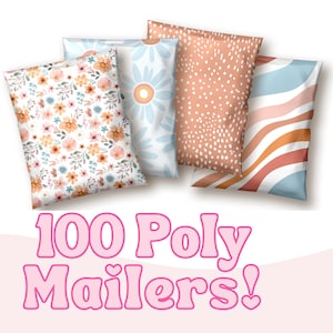 May include: Five colorful poly mailers with floral, daisy, polka dot, and wavy stripe patterns. The mailers are in shades of peach, blue, orange, and white. The text "100 Poly Mailers!" is displayed in pink.