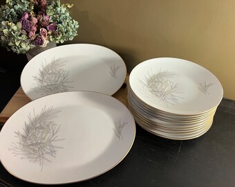 Vintage, MCM Rosenthal China, Grasses Pattern, 11 Dinner Plates and 2 Small Oval Serving Platters.