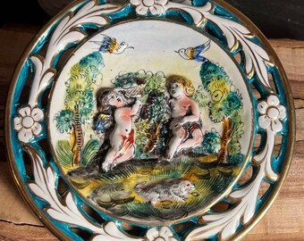 Vintage Italian Ceramic, Mid Century Capodimonte Italian Hand Painted Wall Decor Plate, Vintage Reticulated Ceramic, 22K Gold Accent, Signed