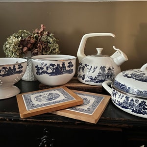 Blue Willow Enamelware. Vintage Enamel Tea Kettle, Colander, Dutch Oven, Nesting Bowls and 2 Wooden Transfer Trivets.