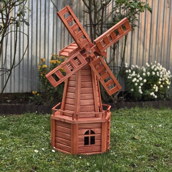 Wooden Garden Windmill | Six-Sided Rustic Outdoor Decor | Led Lighted Yard Ornament | Handmade Large Wooden Windmill | Lawn And Garden Décor