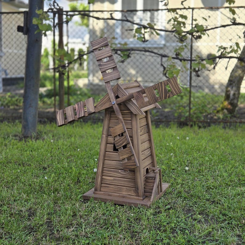 Wooden Garden Windmill with LED Lights – Four-Sided Rustic Yard Decoration image 3