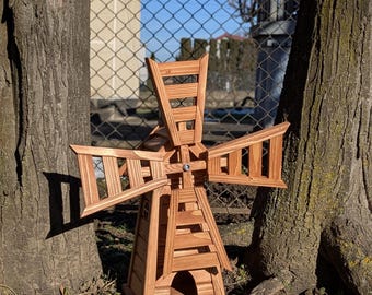 Wind-Powered Outdoor Decorations  | 17&quot; tall Wood Windmill for Garden Decoration | Handmade Home & Garden Decor | Wind Spinner