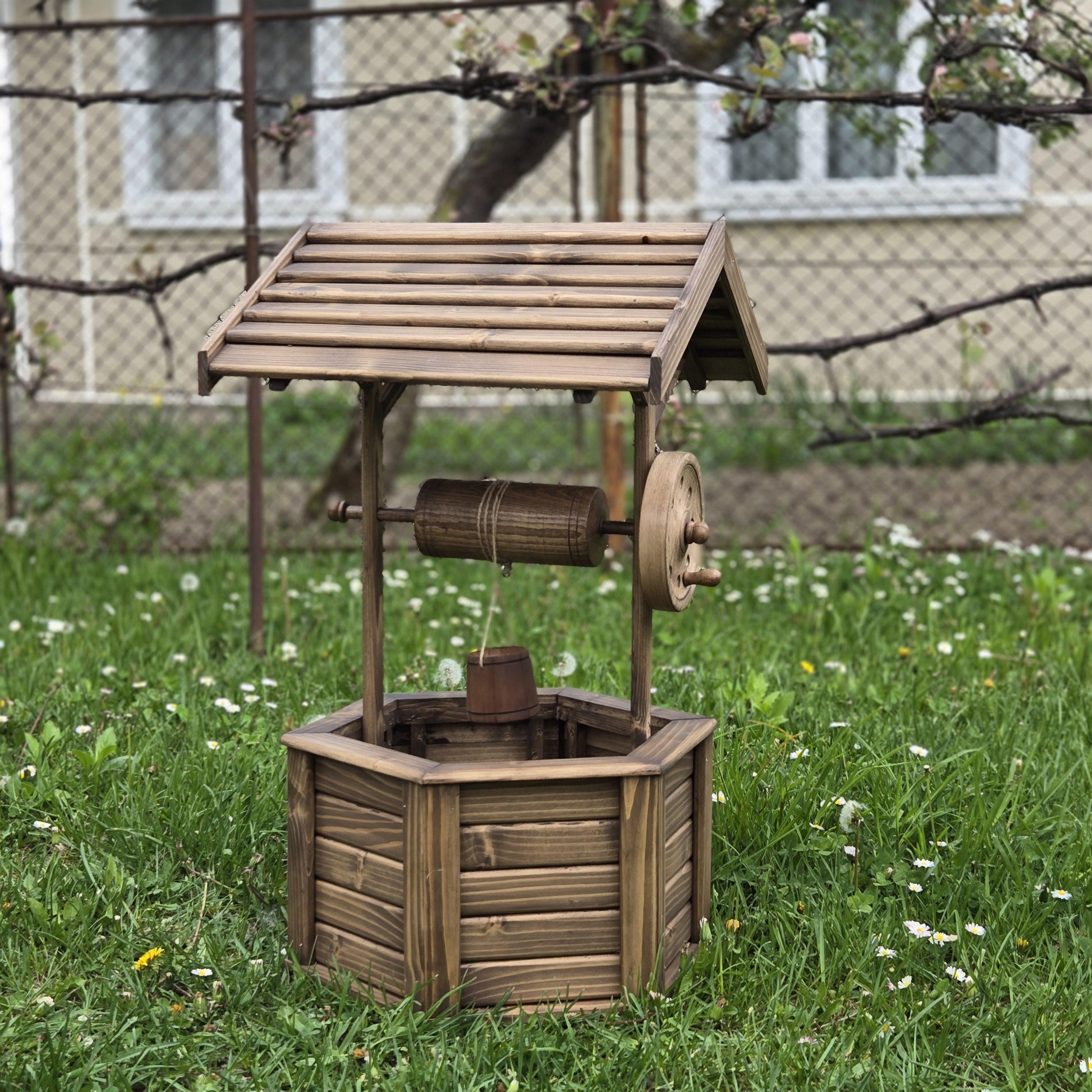 Handmade Wooden Garden Well | Rustic Yard Decoration | Pine Wood Outdoor Ornament | Decorative Well with Bucket | Made in Ukraine