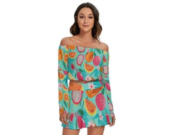Vibrant Tropical Fruit Patterned Skirt and Off-Shoulder Top Set – Inspired by Latin American Culture