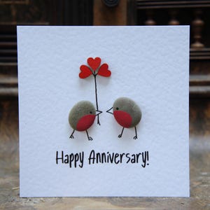 Pebble art card, Robin anniversary card, Love birds card, Anniversary card, Stone art, Fun love card, Cute card, Robin card,