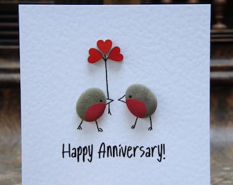 Pebble art card, Robin anniversary card, Love birds card, Anniversary card, Stone art, Fun love card, Cute card, Robin card,