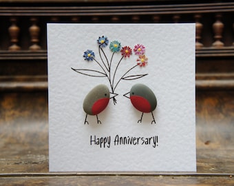 Pebble art card, Robin and flowers card, Anniversary card, Unique pebble card,  Stone art, Fun love card, Cute card, Robin card,